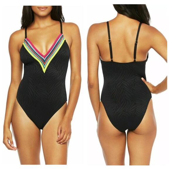Trina Turk Black Zebra Textured V Neck One Piece Swimsuit - Size 4 - Picture 1 of 6